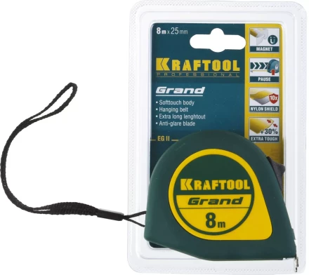 Рулетка KRAFTOOL GRAND, обрезиненный пластиковый корпус, 8м/25мм 34022-08-25 купить в Урае