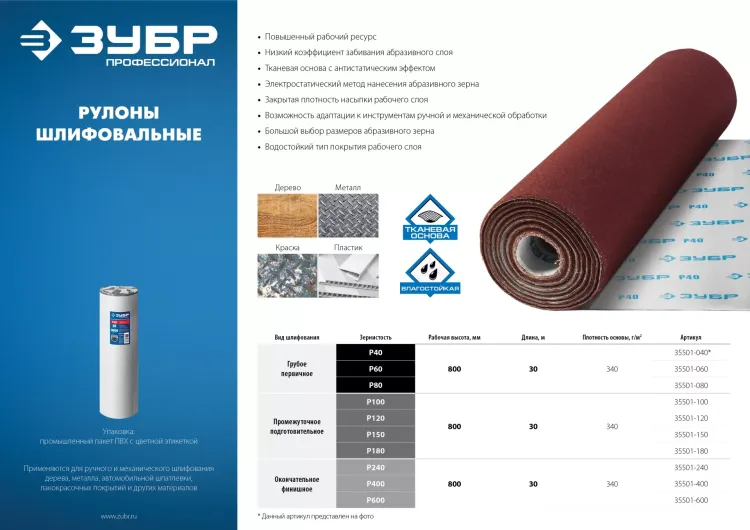 ЗУБР Р80, 800 мм, 30 м, водостойкий, шлифовальный рулон на тканевой основе, Профессионал (35501-080) купить в Урае