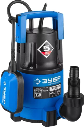Насос ЗУБР &quot;ПРОФЕССИОНАЛ&quot; Т3 погружной дренажный для чистой воды (d пропускаемых частиц до 5мм), 550Вт, пропускная способность 185л/мин, напор 8,5м НПЧ-Т3-550 купить в Урае