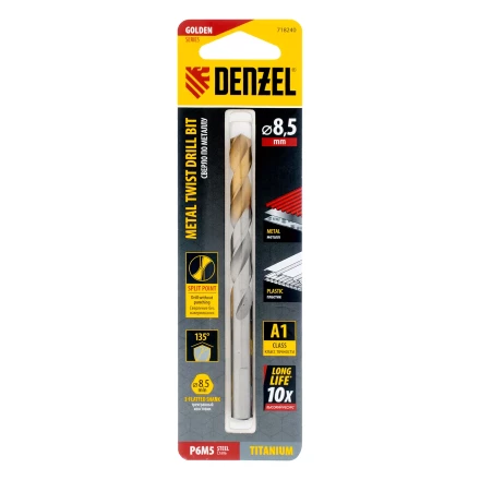 Сверло спиральное по металлу Denzel 8,5 x 117 мм, Р6М5, Golden Tip, 718240 купить в Урае