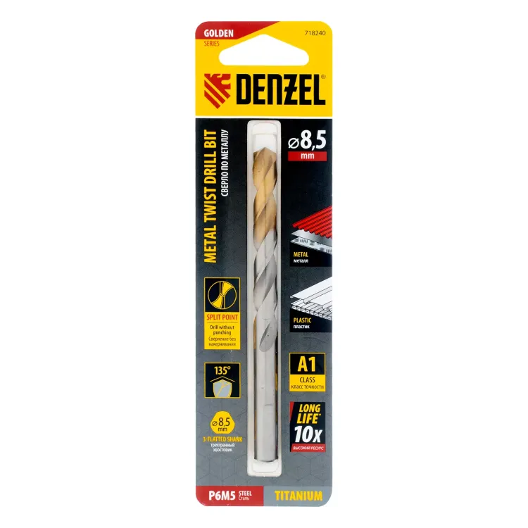 Сверло спиральное по металлу Denzel 8,5 x 117 мм, Р6М5, Golden Tip, 718240 купить в Урае