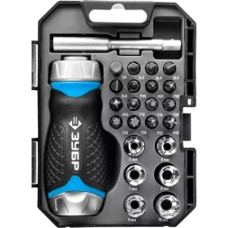 Набор ЗУБР "ПРОФЕССИОНАЛ": Отвертка реверсив с двухкомп рукоят, насадки, CrMo, рукоят с отсеком для хранения бит, 24 предмета 25353-H24