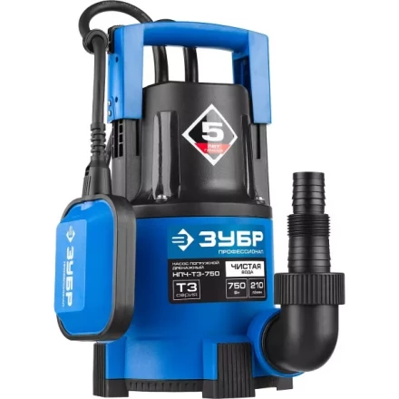 Насос ЗУБР &quot;ПРОФЕССИОНАЛ&quot; Т3 погружной дренажный для чистой воды (d пропускаемых частиц до 5мм), 750Вт, пропускная способность 210л/мин, напор 8,5м НПЧ-Т3-750 купить в Урае