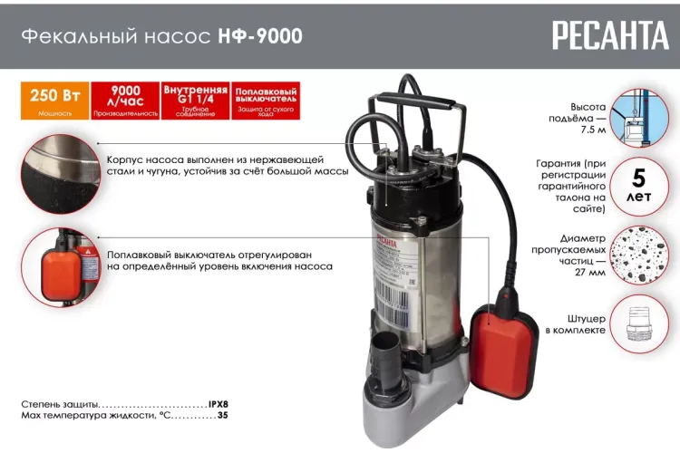Фекальный насос Ресанта НФ-9000 77/5/1 купить в Урае