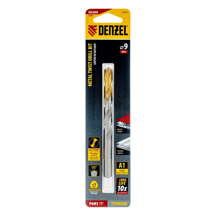 Сверло спиральное по металлу Denzel, 9 x 125 мм, Р6М5, Golden Tip, 718241 купить в Урае