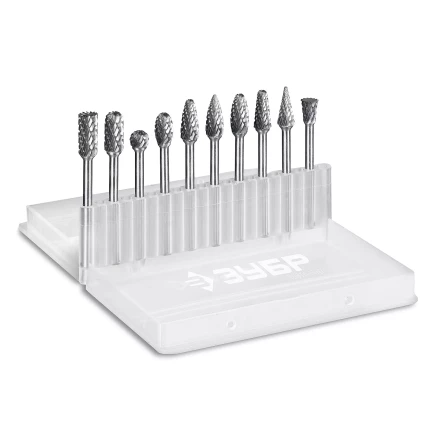 Зубр Набор твердосплавных борфрез для гравера, 10 шт.: 6 мм: B0616, C0616, D0605, E0610, F0618, G0618, H0618, L0616, M0618, N0608 (28816-H10) купить в Урае