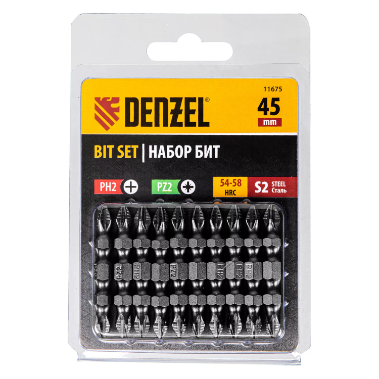 Бита двухсторонняя, PH2-PZ2 х 45 мм, сталь S2, 10 шт. Denzel 11675 купить в Урае