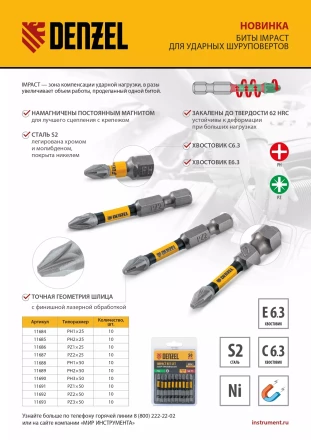 Бита IMPACT, PH2x50 мм, лазерная обработка шлица, сталь S2, 10 шт., Е 6,3 Denzel 11689 купить в Урае