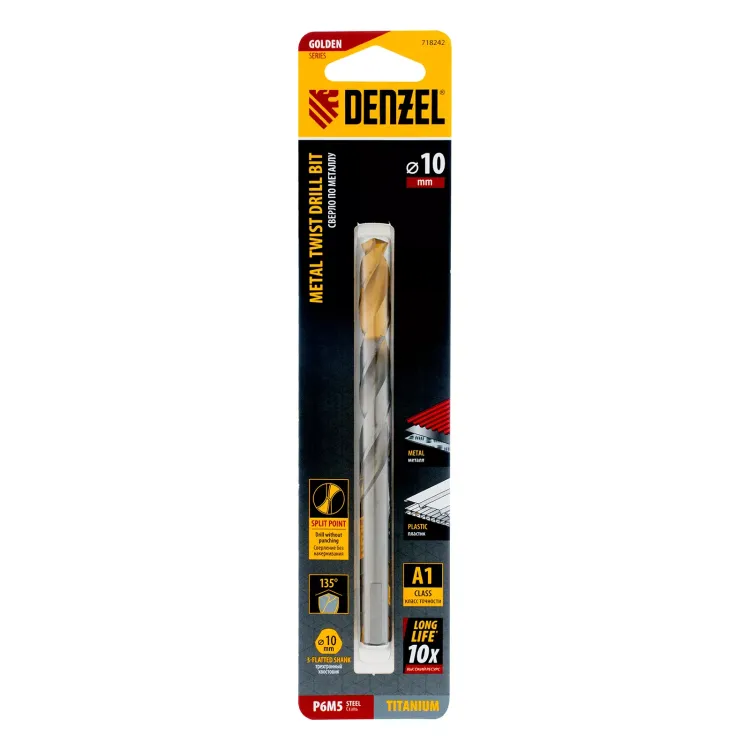 Сверло спиральное по металлу Denzel, 10 x 133 мм, Р6М5, Golden Tip, 718242 купить в Урае
