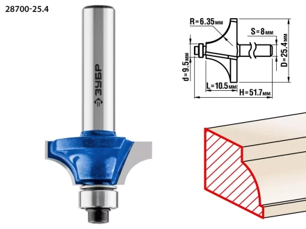 ЗУБР 25.4 x 10.5 мм, радиус 6.3 мм, фреза кромочная калевочная №1, Профессионал (28700-25.4) купить в Урае