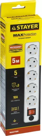 Сетевой фильтр STAYER &quot;MASTER&quot; электрический, 5 гнезд, макс. мощн. 2200 Вт, 5м 55066-5 купить в Урае
