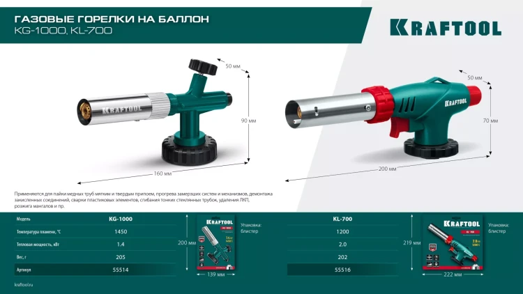 KG-1000 цельнометаллическая газовая горелка с пъезоподжигом, на баллон с цанговым соединением, 1450°C 55514 купить в Урае
