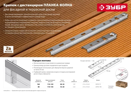 ЗУБР Планка-Волна, 75 мм, цинк, 160 шт, крепеж для монтажа фасадной и террасной доски (30703-75) купить в Урае