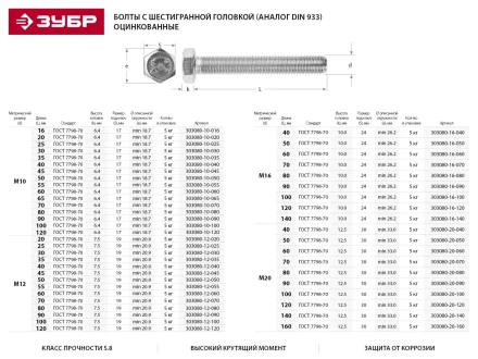 Болт ЗУБР &quot;МАСТЕР&quot; с шестигранной головкой, ГОСТ 7798-70, класс прочности 5.8, оцинкованный, M12x100мм, 5кг 303080-12-100 купить в Урае