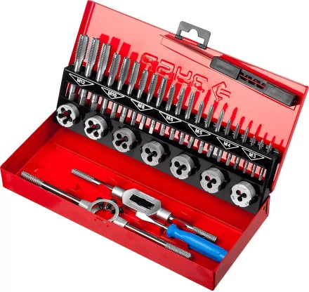 Набор ЗУБР &quot;ЭКСПЕРТ&quot; с метал.реж. инстр., метчики комплект. из 3-х штук и плашки М3-М12, оснастка-в метал.боксе, 32пред. 28129-H32 купить в Урае