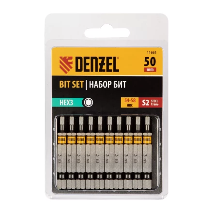 Бита HEX 3х50, сталь S2, шестигранный профиль, 10 шт. Е 6,3 Denzel 11661 купить в Урае