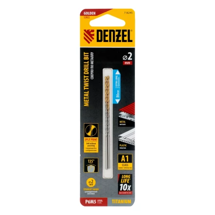 Сверло спиральное по металлу Denzel  2 х 86 мм Р6М5, Golden Tip, удлиненное, 2шт., 718245 купить в Урае