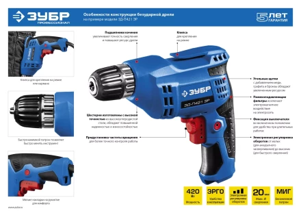 Дрель реверсивная ЗД-П421 ЭР серия ПРОФЕССИОНАЛ купить в Урае