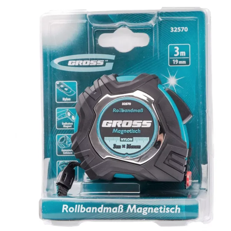 Рулетка Magnetisch 3 м х 16 мм обрезиненный корпус автоматическая фиксация Нейлоновое покрытиеытие зацеп с магнитом Gross 32570 купить в Урае
