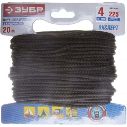 Шнур ЗУБР полиамидный, плетеный, повышенной нагрузки, с сердечником, черный, d 4, 20м 50311-04-020 купить в Урае