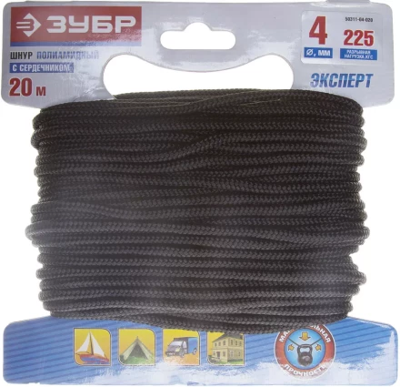 Шнур ЗУБР полиамидный, плетеный, повышенной нагрузки, с сердечником, черный, d 4, 20м 50311-04-020 купить в Урае