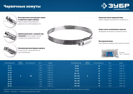 ЗУБР Х-9Н, 16 - 28 мм, накатная лента 9 мм, цинк, 50 шт, червячный хомут (37807-28) купить в Урае