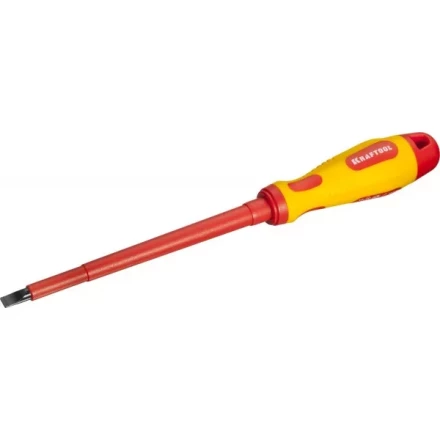 Отвертка KRAFTOOL, высоковольтная, Cr-Mo-V стержень, двухкомпонент. маслобензостойкая рукоятка, SL, 6,5х150мм 250083-6.5-150 купить в Урае