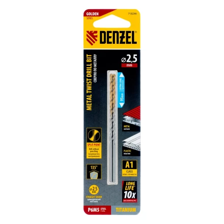 Сверло спиральное по металлу 2,5 х 95 мм Р6М5, Golden Tip, удлиненное, 2шт. Denzel 718246 купить в Урае