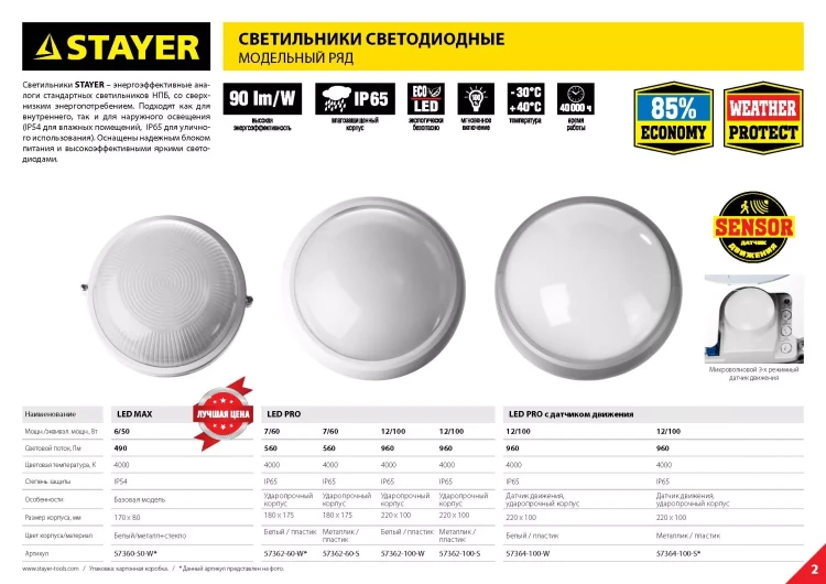 Светильник STAYER "PROFI" PROLight светодиодный, влагозащищенный IP65, встроен сенсор, пластик корпус, влагозащищен, круг, белый, 4000К, 12(100Вт) 57364-100-W купить в Урае