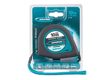 Рулетка "Ergonomisch",10 м x 25 мм, магнитный обрезиненный зацеп  GROSS 31105 купить в Урае