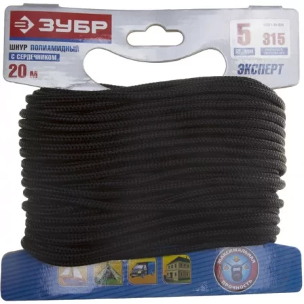 Шнур ЗУБР полиамидный, плетеный, повышенной нагрузки, с сердечником, черный, d 5, 20м 50311-05-020 купить в Урае