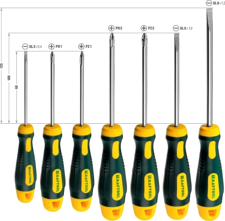 Набор X-Drive, KRAFTOOL 250081-H7: Отвертки профессиональные, SL: 3x80, 5x100, 6x125; PH: 1x80, 2x100; PZ: 1x80, 2x100 250081-H7 купить в Урае