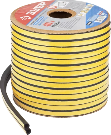 ЗУБР 40 м, D-профиль, размер 14 х 12 мм, черный, самоклеящийся промышленный резиновый уплотнитель, Профессионал (40950-14-40) купить в Урае