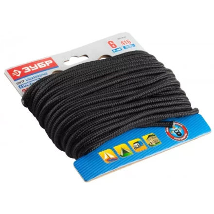 Шнур ЗУБР полиамидный, плетеный, повышенной нагрузки, с сердечником, черный, d 6, 20м 50311-06-020 купить в Урае