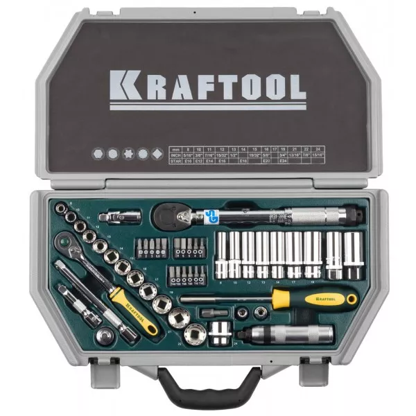 Набор торцовых головок KRAFTOOL "INDUSTRIE QUALITAT" (3/8") универсальный, Cr-V, пластиковый кейс, 49 предметов 27975-H49 купить в Урае