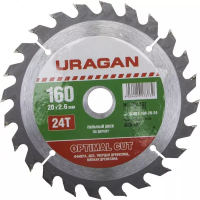 Диск пильный "Optimal cut" по дереву, 160х20мм, 24Т, URAGAN 36801-160-20-24
