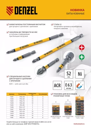 Бита PZ2х50, сталь легированная S2, 10 шт., круглый профиль, отрывная упаковка, Е 6,3 Denzel 11680 купить в Урае