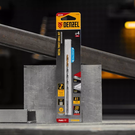 Сверло спиральное по металлу 4 х 119 мм, Р6М5, Golden Tip, удлиненное Denzel 718250 купить в Урае