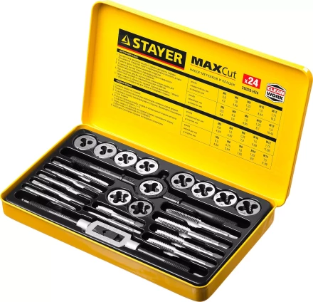 Набор метчиков и плашек STAYER &quot;MASTER&quot;, метчикодержатель 1шт, плашкодержатель 1шт, метчики 11шт, плашки 11шт, 24 предмета 28020-H24 купить в Урае