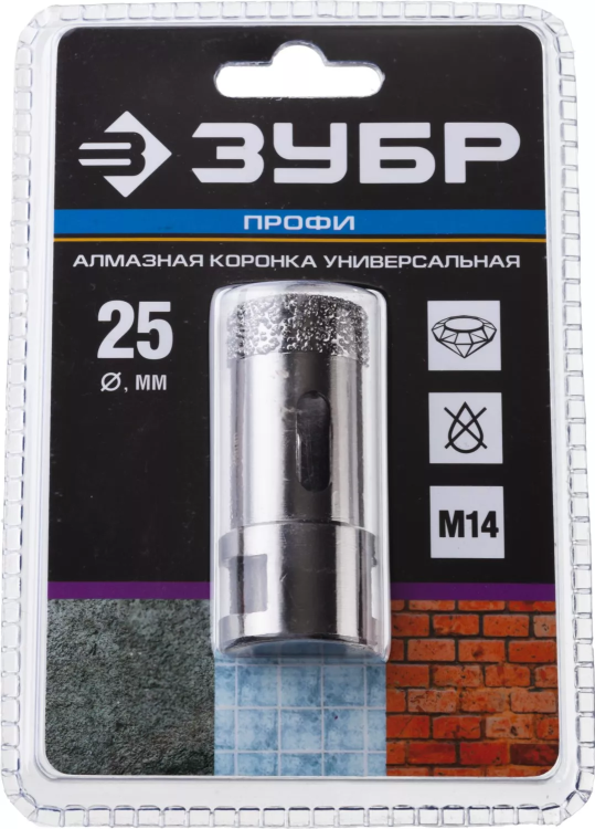 Алмазная коронка ЗУБР "ПРОФЕССИОНАЛ" универсальная для УШМ, сухое сверление, алмазы на вакуумной пайке,  посадка М14, d=25мм 29865-25 купить в Урае
