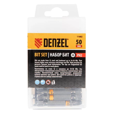 Бита PH2х50, сталь легированная S2, 30 шт., шестигранный профиль, пластиковая коробка, Е 6,3 Denzel 11682 купить в Урае