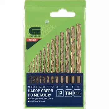 Набор нитридтитан. сверл по металлу 1,5-6,5мм через 0,5мм+3,2мм 4,8мм НSS,13 штук СИБРТЕХ 723867 купить в Урае