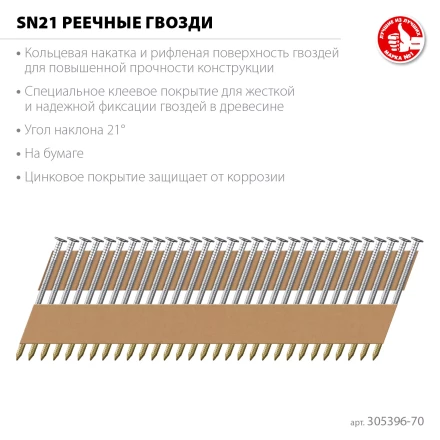 ЗУБР SN21 70 х 3.1 мм, реечные гвозди рифленые оцинкованные, 2400 шт (305396-70) купить в Урае