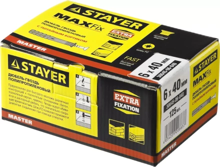 Дюбель-гвоздь полипропиленовый, потайный бортик, 6 x 40 мм, 125 шт, STAYER Master 30645-06-040 30645-06-040 купить в Урае