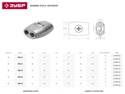 Зажим троса ЗУБР &quot;Бочонок&quot;, 6мм, 2 шт 4-304456-06 купить в Урае