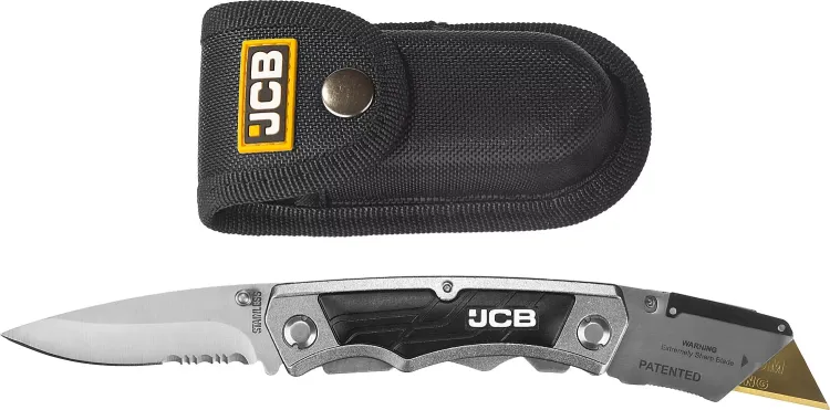 Нож JCB складной многофункц, трапец лезвие, тип "А24", перочин лезвие с серрейтор заточкой, мет корпус, чехол, 5 лезвий JLC003 купить в Урае