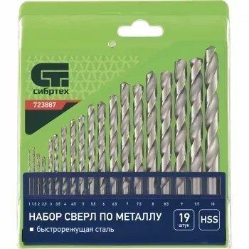 Набор сверл по металлу 1-10 мм через 0,5 мм HSS 19 штук ,пластик.коробка цил. хвостовик СИБРТЕХ 723887 купить в Урае