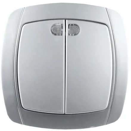 Выключатель СВЕТОЗАР &quot;АКЦЕНТ&quot; двухклавишный в сборе, с подсветкой, цвет серебристый металлик, 10А/~250В SV-54235-SM купить в Урае