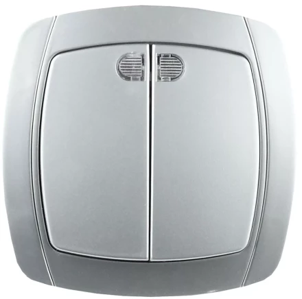 Выключатель СВЕТОЗАР &quot;АКЦЕНТ&quot; двухклавишный в сборе, с подсветкой, цвет серебристый металлик, 10А/~250В SV-54235-SM купить в Урае