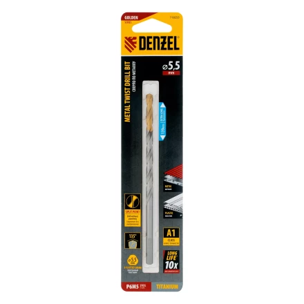 Сверло спиральное по металлу Denzel 5,5 х 139 мм, Р6М5, Golden Tip, удлиненное, 718255 купить в Урае